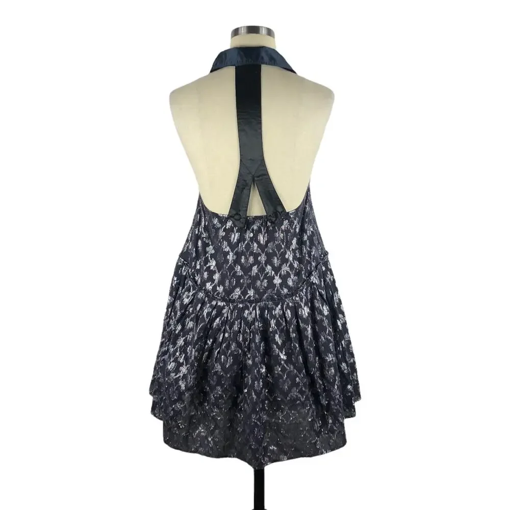 NEW ROMANTICS FREE PEOPLE Tuxedo Halter Neck‎ Mini Dress Metallic Ruffle XS - Picture 3 of 6